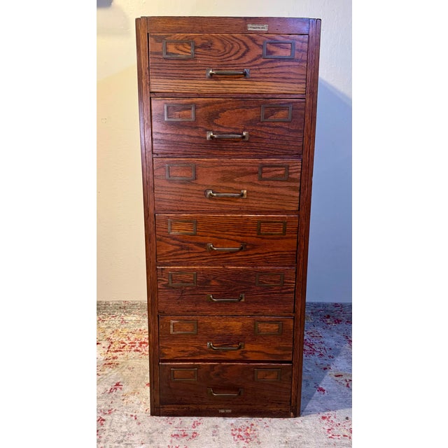 Antique Globe-Wernicke Oak 7-Drawer File Cabinet With u.s. Internal Revenue Service Label For Sale In San Francisco - Image 6 of 12