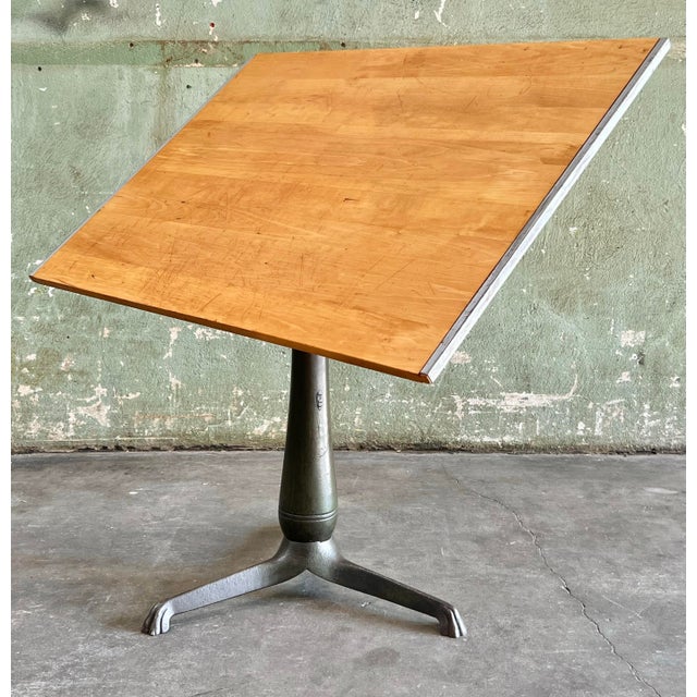 Industrial Antique Industrial Drafting Table on Swivel Cast Iron Pedestal Base W/Restored Top For Sale - Image 3 of 12