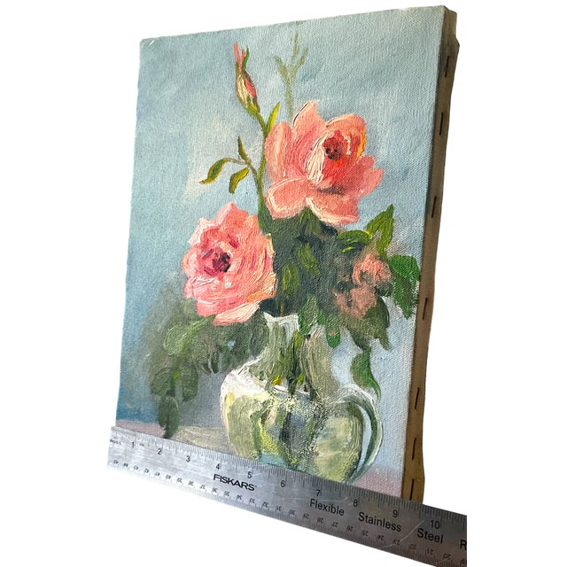 Bunny Williams Home Vintage 1977 Original Oil Painting on Canvas – “Roses in Vase” by Flo Seymour For Sale - Image 4 of 6
