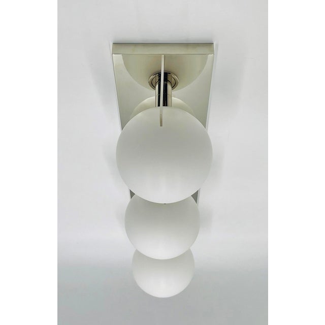 Contemporary Modern Chrome 3-Globe Wall Sconce or Vanity Light, Frosted Glass Shades For Sale - Image 3 of 15