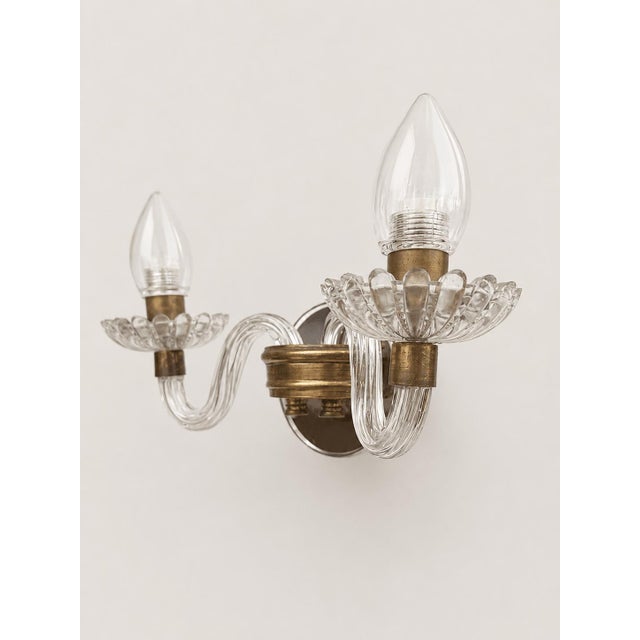 1960s Mid-Century Murano Glass & Brass Two-Arm Wall Sconces, 1960s, Set of 2 For Sale - Image 5 of 7