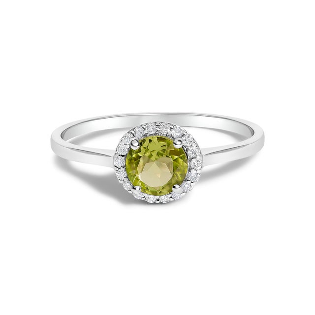 Contemporary 10K White Gold Green Peridot and 3/8 Cttw Diamond Halo Jewelry Set (Earrings, Pendant & Ring) For Sale - Image 3 of 6