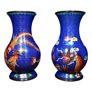 Pair of Vintage Chinese Blue Cloisonné Dragon & Phoenix Vases For Sale