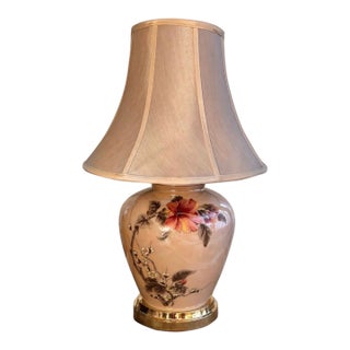 Vintage Floral Ceramic Table Lamp With Brass Base & Bell Shade For Sale