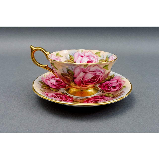 Mid 20th Century Anysley England 13 Pink Cabbage Roses 1026 Bone China Tea Cup & Saucer Set For Sale - Image 5 of 12