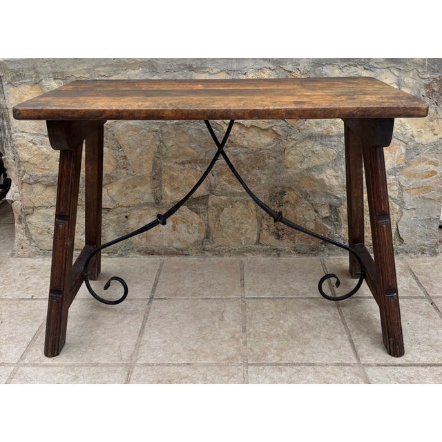 Early 20th Century Spanish Table with Wrought Iron Cross Stretchers For Sale - Image 4 of 7