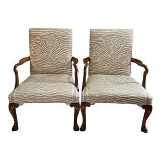 Antique Queen Ann Style Walnut Armchairs With New Brunschwig & Fils Le Zebre Heavy Weight Linen Upholstery- a Pair For Sale
