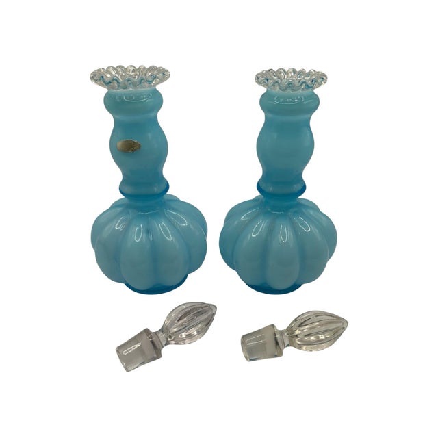 Vintage Blue Opalescent Glass Perfume Bottles With Melon-Ribbed Design by Fenton Art Glass Company - A Pair For Sale In Birmingham - Image 6 of 12