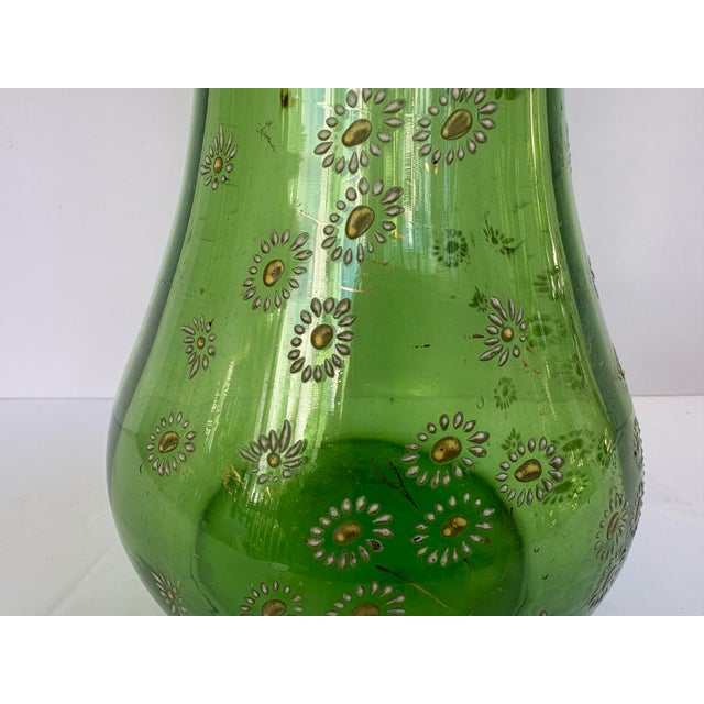 Green Vintage Bohemian Green Glass Hand-Enameled Floral Vase, 12” For Sale - Image 8 of 12