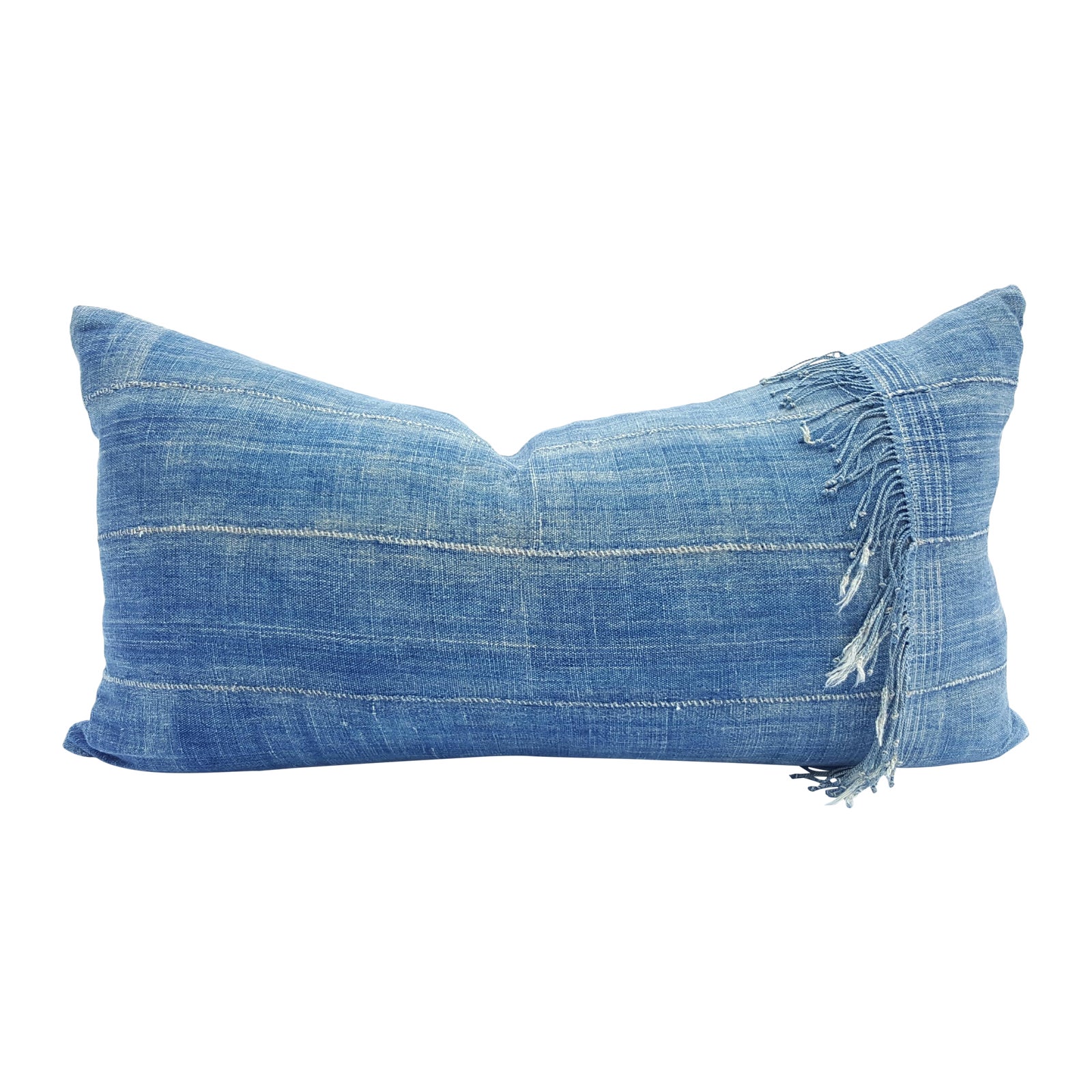 Fringed Lumbar Denim Blue African Mud Cloth Pillow Chairish