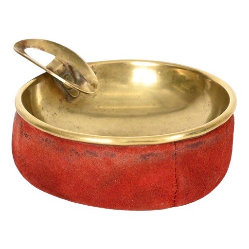 Mid-Century Italian Brass and Red Suede Ashtray, 1950s For Sale