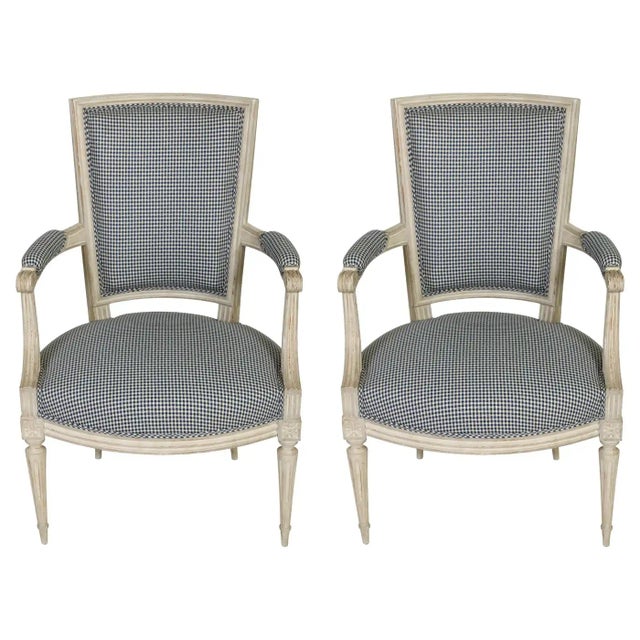1960s Pair of Painted Louis XVI Style Armchairs in Blue and White Gingham For Sale - Image 5 of 5