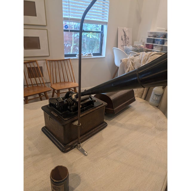 Antique Thomas Edison Phonograph With Black Horn and Music Cylinders For Sale - Image 17 of 18