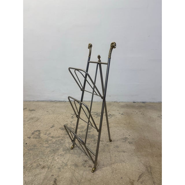 Gray Maison Jansen Style Steel and Brass Rams Head and Feet Magazine Rack, Italy For Sale - Image 8 of 12
