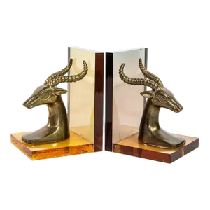 Brass Gazelle on Lucite Mount Antelope Bookends a Pair 1950s