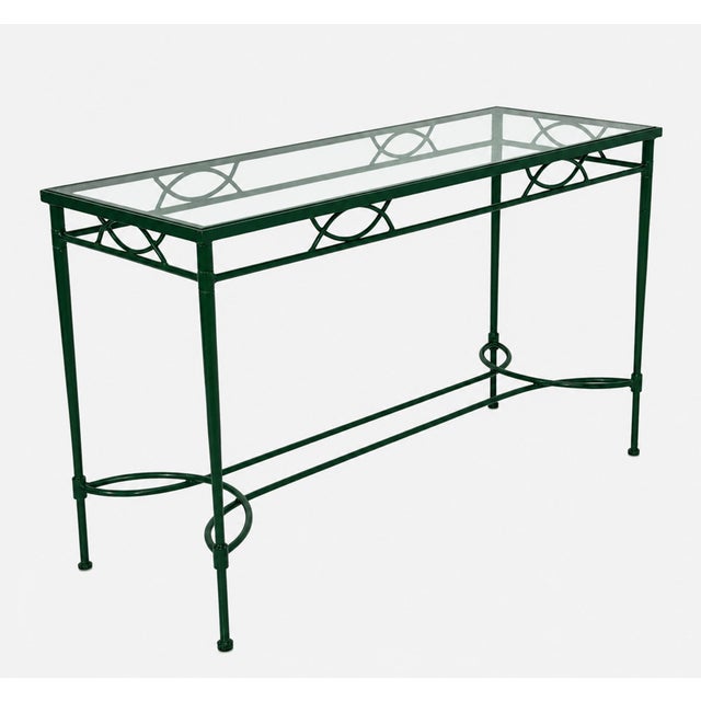 1980s Attributed to Mario Papperzini for Janus Et Cie Green Iron and Glass Console Table For Sale - Image 9 of 18