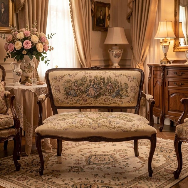 Vintage French Louis XV Style Upholstered Romantic Settee / Loveseat Settee For Sale - Image 9 of 18
