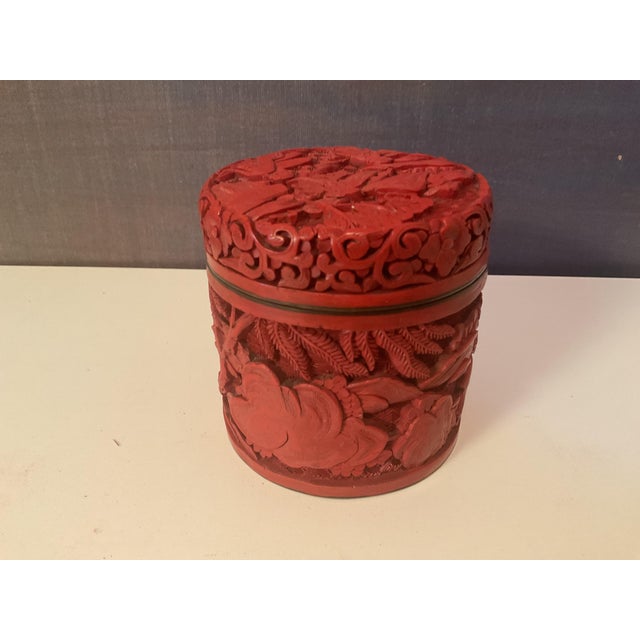 Chinese Vintage Chinese Carved Cinnabar Round Box For Sale - Image 3 of 7