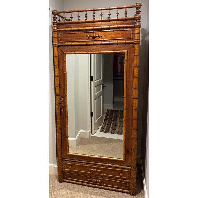 19th C Faux Bamboo Mirrored Armoire Wardrobe Cabinet For Sale - Image 10 of 11