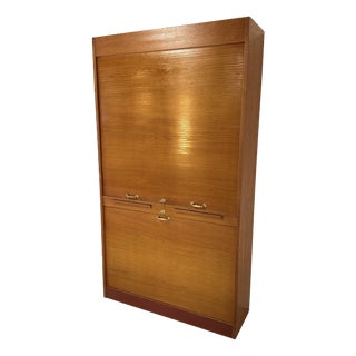 Mid-Century Modern Vintage Oak Tambour Secretary Cabinet, Germany, 1960s For Sale