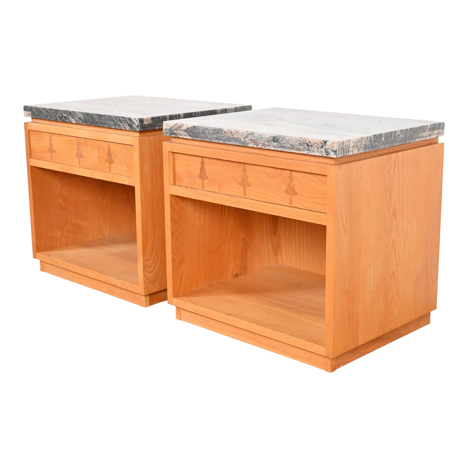 Studio Crafted Rustic Lodge Inlaid Pine Marble Top Nightstands, Pair