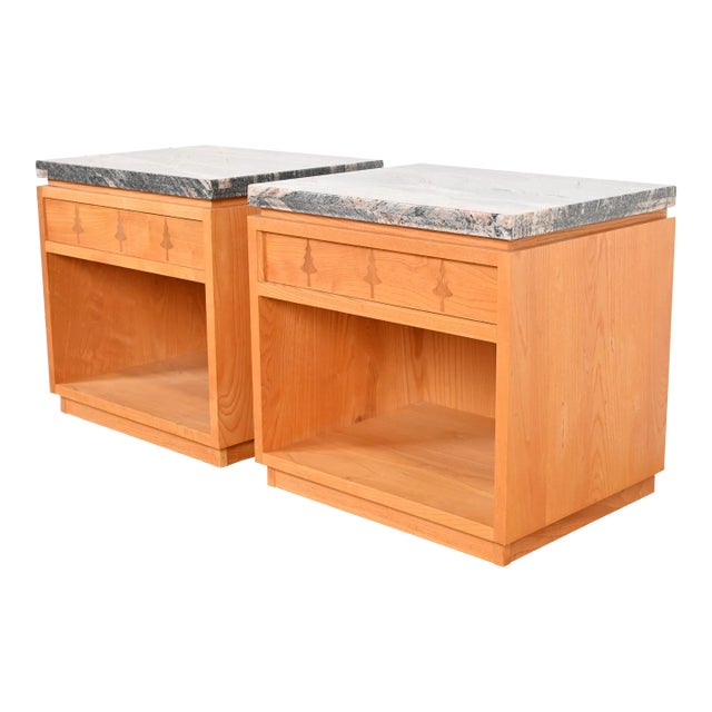 Studio Crafted Rustic Lodge Inlaid Pine Marble Top Nightstands, Pair For Sale