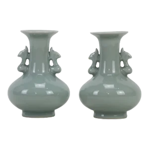 Pair of Chinese Longquan Kiln Powder Green Glaze Amphorae