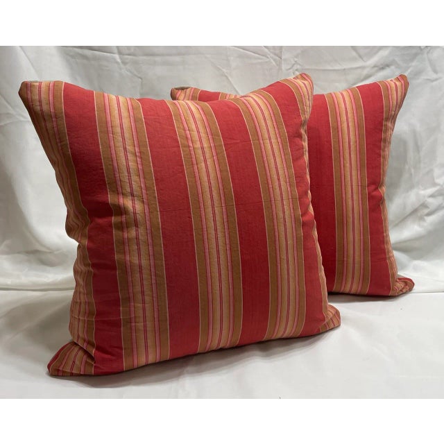 Pair of Pillow Covers Made Out Vintage French Ticking Fabric Fragment Brick Red For Sale In Los Angeles - Image 6 of 6