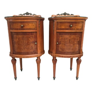 20th Louis XVI Style Marquetry Nightstands with Metal and Mirror Crest, a Pair For Sale