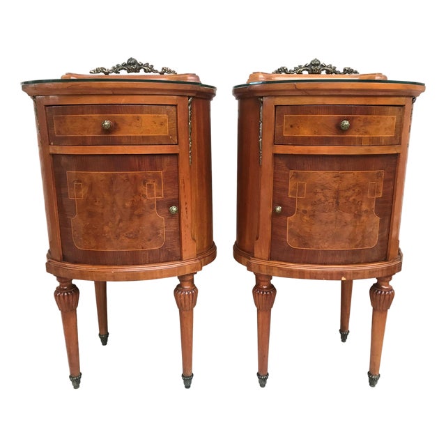 20th Louis XVI Style Marquetry Nightstands with Metal and Mirror Crest, a Pair For Sale