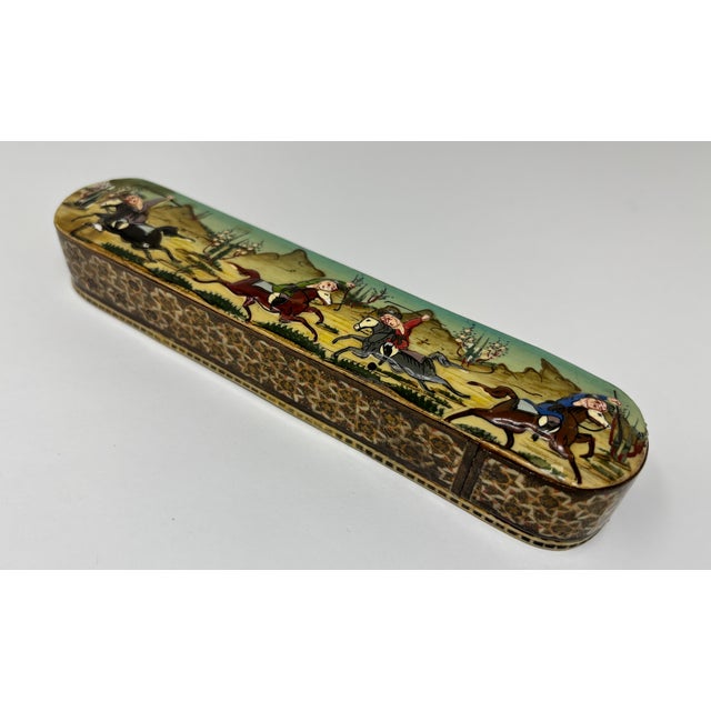Khatam Marquetry Qalamdan Pen Box With Hand-Painted Equestrian Miniature 1940s For Sale - Image 4 of 13