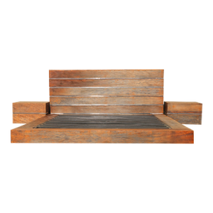 Vintage Rustic Modern King Size Platform Bed Frame With Headboard & Matching Nightstands | Solid Wood & Chrome Bedroom Set