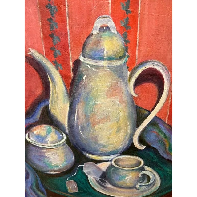 1990s Large Signed Teapot Still Life Painting by Linda Smith For Sale - Image 4 of 13