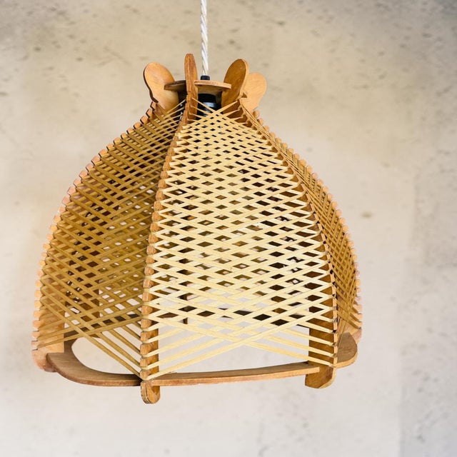 Large Portuguese Rustic Wood and Rattan Hanging Lamp, 1960s For Sale - Image 6 of 15