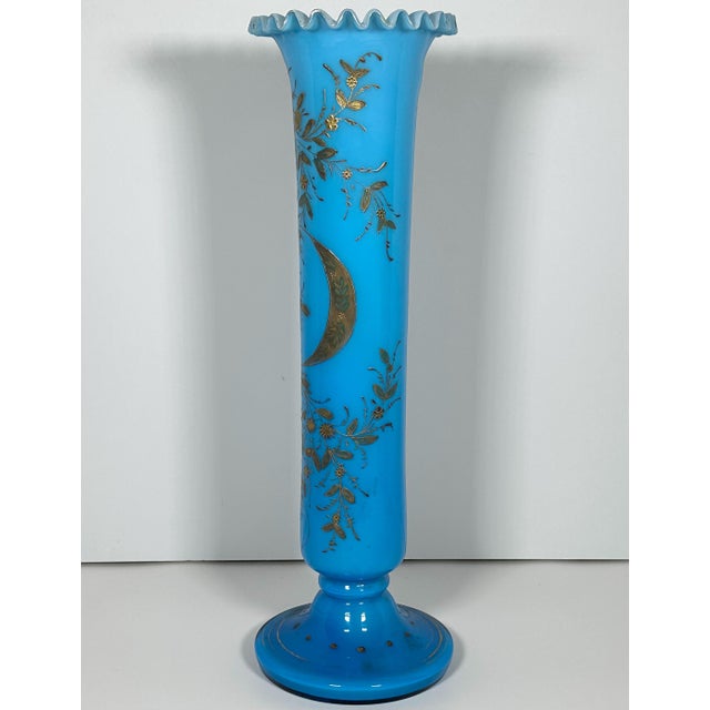 Rare & Original Victorian Moser Style Blue Opaline Glass Vase for your consideration. The vase is large, measuring approx....