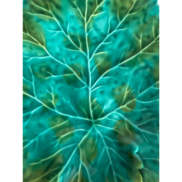 Traditional Vintage Portuguese Majolica Turquoise Leaf Plate For Sale - Image 3 of 11
