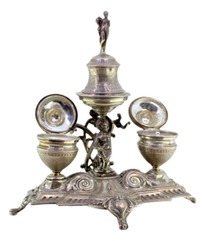 Inkwell in Relief Silver with Putti Bell, Pen Holder and Cut-Out Feet