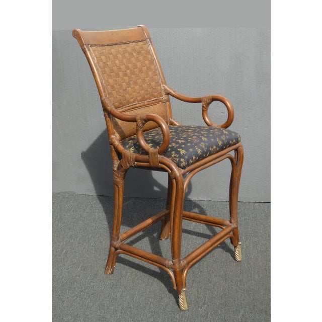 Tiki Palm Beach Style Black & Brown Bamboo Rattan Bar Stools Set of 3
