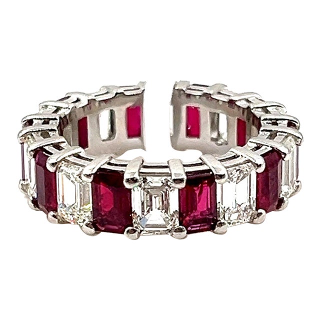 6.95 Ct Emerald Cut Ruby & Diamond Band Size 6 For Sale