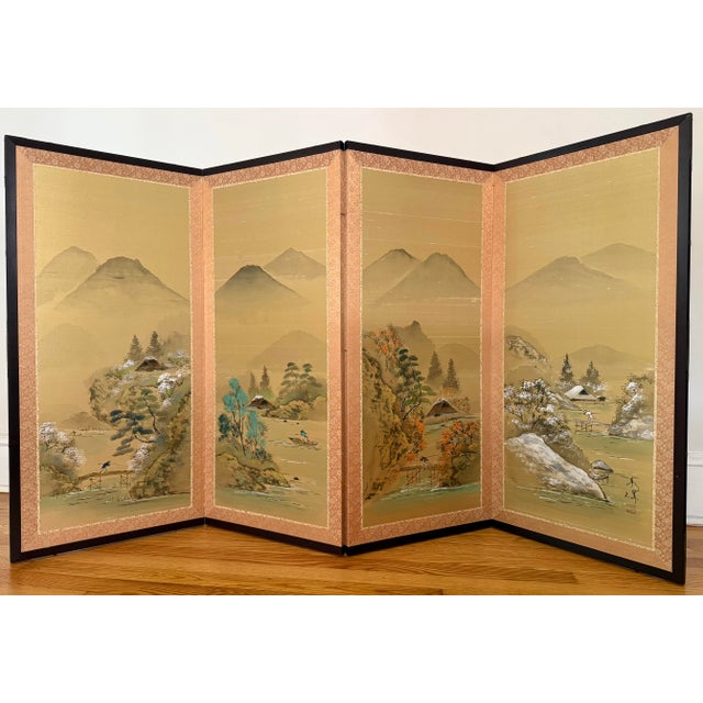 Japanese Showa Period Four Panel Byobu Screen of the Changing Seasons For Sale - Image 10 of 10