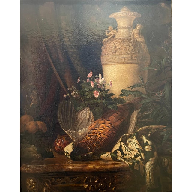 Painting, oil on canvas, depicting a still life on the theme of hunting pheasants and pheasant chickens. Signed lower...