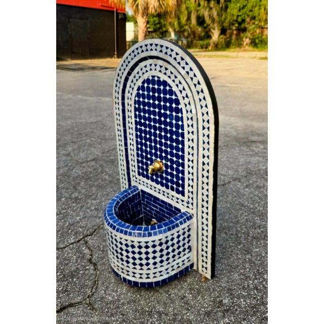 Moroccan Blue and White Arched Moroccan Mosaic Tile Fountain For Sale - Image 3 of 6