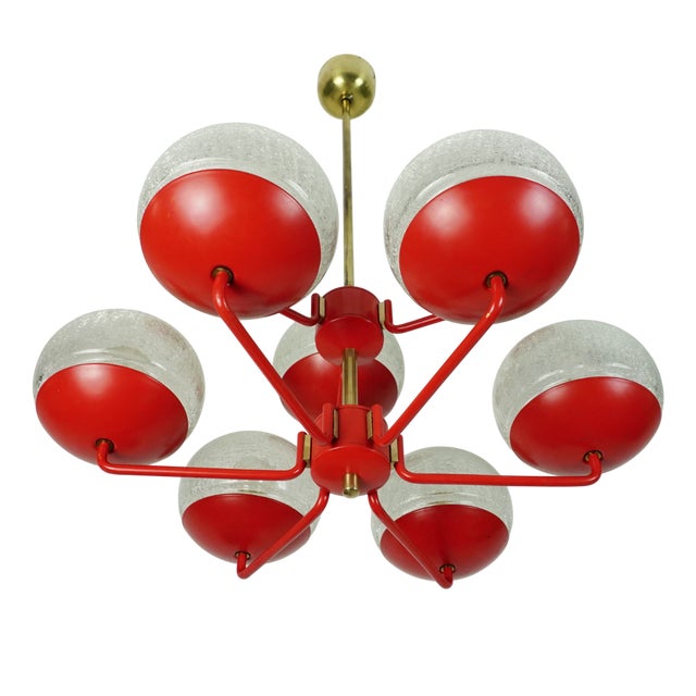 Mid-Century Modern Chandelier in Red Metal and Brass, 1960s For Sale