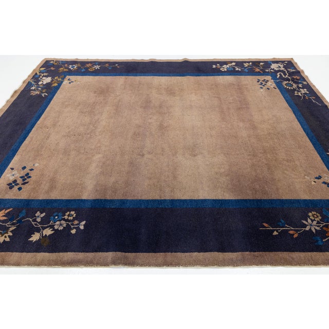 1920s Antique Chinese Art Deco Rug Navy & Taupe Floral Wool 8x10 For Sale - Image 5 of 10