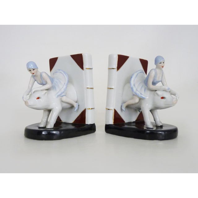 Italian Art Deco Bookends Woman on Ceramic Pig, 1930s For Sale - Image 11 of 11