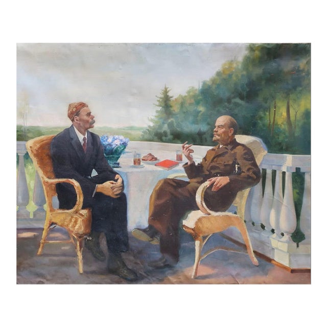 Lenin and Gorky: Antique Oil Painting, Soviet Socialist Realism, 1970s 120-150 For Sale