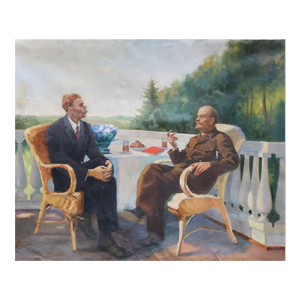 Lenin and Gorky: Antique Oil Painting, Soviet Socialist Realism, 1970s 120-150