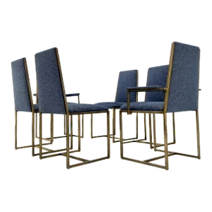 Set 6 Nice Bronze Satin Finish Blue Upholstery Dining Side Arm Chairs Armchairs