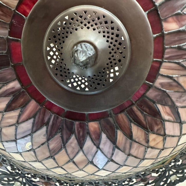 Late 20th Century Tiffany-Style Stained Glass Inverted Dome Chandelier With Floral Detail For Sale In Nashville - Image 6 of 6