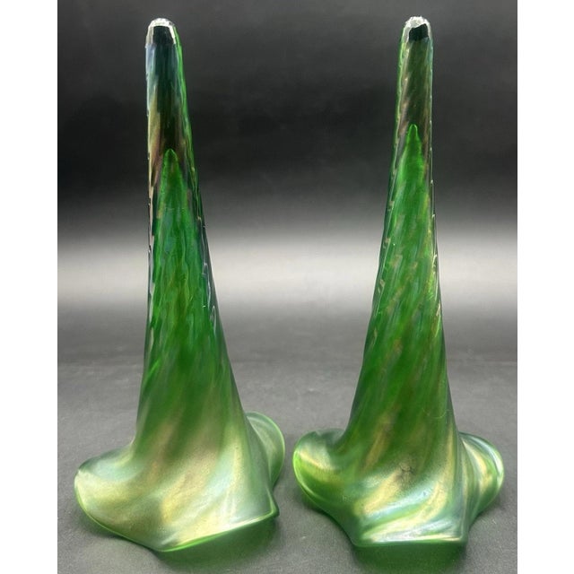 Antique Victorian Glass Epergne Trumpet Horn Vase Green Opaline Metal Base Pair For Sale - Image 10 of 17